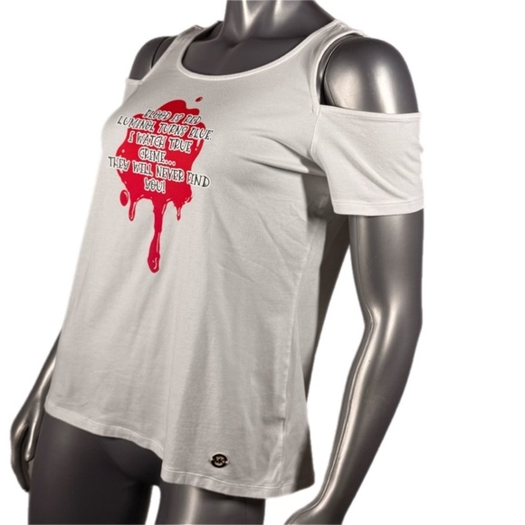 Michael Kors | White Cold Shoulder T Shirt Graphic Print Blood Poem - Picture 6 of 9